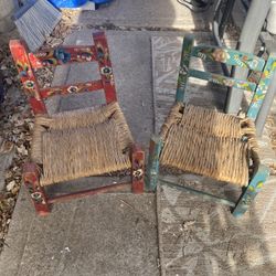 Two Wicker Woven Kids Or Doll Chairs