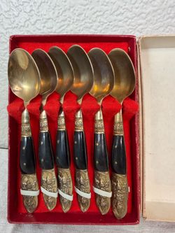 Vintage Thai Wood Gold Tone Brass Bronze  Set includes 6 spoons
