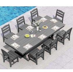 SERWALL 9 Piece Outdoor Dining Set, 84" HDPE Outdoor Table and Armless Chairs Set for 8，All Weather Patio Furniture Set with Umbrella Hole for Backyar
