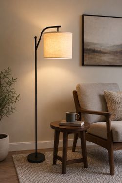 Set of 2 Modern Black Floor Lamps with Linen Shades