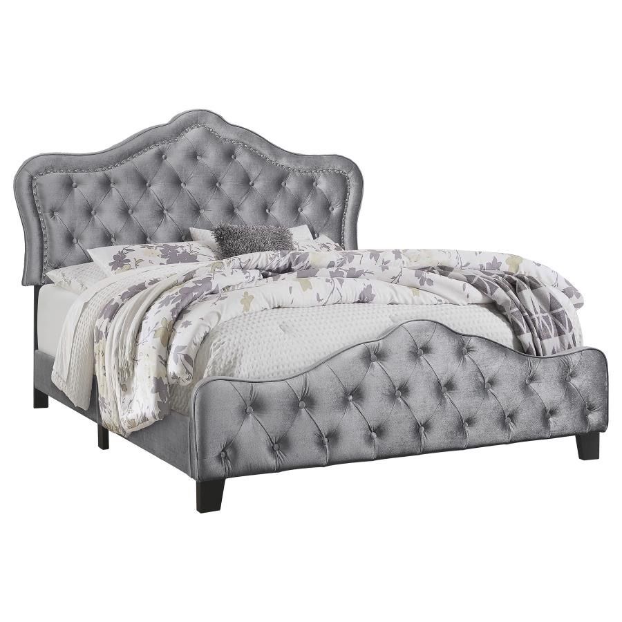 VINTAGE GLAM GRAY VELVET QUEEN SIZE BED FRAME CAMA