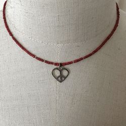 Silpada Designs Sterling Silver Diamond Heart Pendant Red Heishi Bead Necklace 