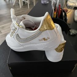 Nike Air Force One ( Nola) Size 10 Mens ,11.5 Woman’s (white Patten Leather Uppers With Gold Accents