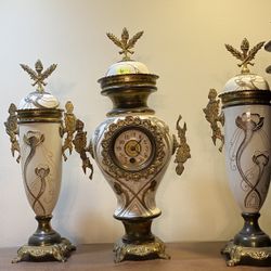 CLOCK ANTIQUE > ORIGINAL BELGIUM  CERAMIC  COMPLETE SET (obo -offer- decorative - Clock Glass Missing - But Is Old & Real And Looks Great