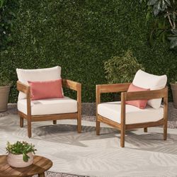 Club Chair with Cushions (Set of 2), Teak Finish, Beige