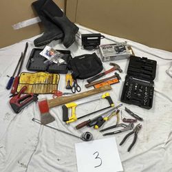 $50 - Tools GRAB BAG #3  : Muck boots, jigsaw, metal punches, hammers, level, axe, pliers & More