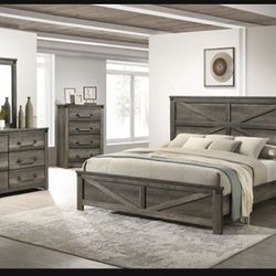 Brand New Rustic Grey Wood Queen Bedroom Set 