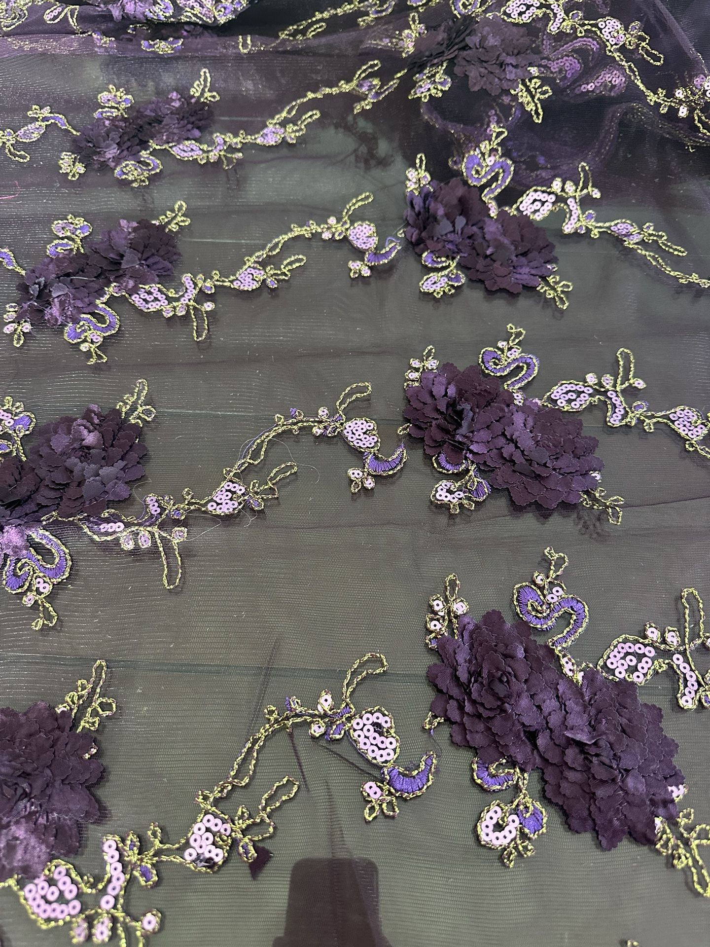 Purple color / 3D Floral Embroidery with Gold Foil & Sequins on Mesh Lace.