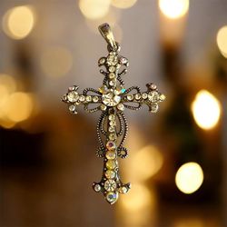 Gorgeous Design Silver Toned CROSS Pendant Aurora Borealis & Clear Rhinestones 2” Hi - 