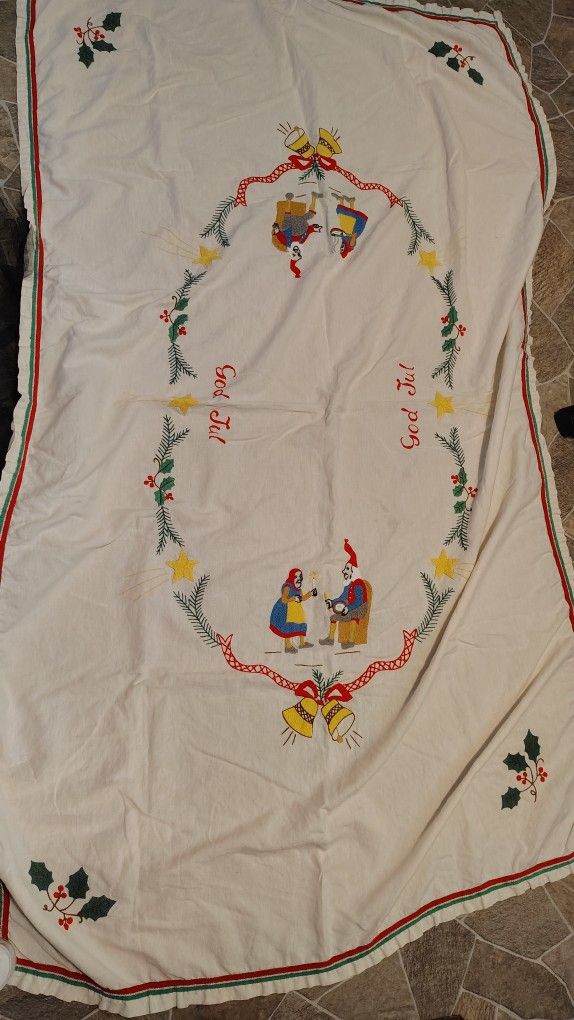 Vintage Christmas Scandinavian Hand Embroidered Table Cloth
