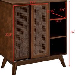 Mid Century Modern Storage Cabinet with Rattan Sliding Doors and Open Shelves, Boho Style Wooden Sided