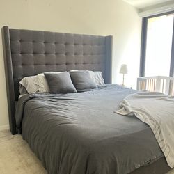 Grey Upholstered King Bed Frame with Tufted Headboard