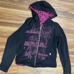 Style&Co Sport Reversible Y2K Style Jacket Size Medium Pink Black Hearts Hoodie