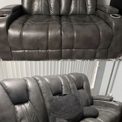 LIKE NEW REAL LEATHER GRAY COUCH- RECLINABLE