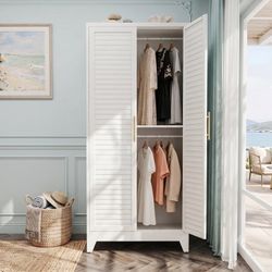 71" Tall Metal Wardrobe Closet with Shutter Doors, Hanging Rod & Adjustable Shelves, Steel Clothing Storage Cabinet for Bedroom, White