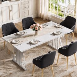 6 Piece- White Wood Dining Table With 5 Chairs 