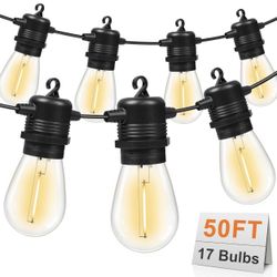 50FT LED Outdoor String Lights with 17 Shatterproof Waterproof S14 Replaceable Bulbs (2 Spare), 2700K Commercial Grade Patio Lights, Outside Hanging L