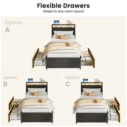 Twin Bed Frame with 2 DIY Storage Drawers, Modern Platform Bed with Charging Station & LED Light, No Spring Box Needed