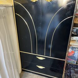 Vintage 80s Wardrobe  Armoire black and gold Graebel Art Deco Revival  54” x 30” x 41”  