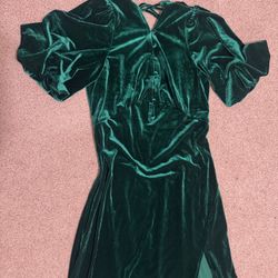 New large green velvet dress button vintage Coctail evening poof sleeve stretchy