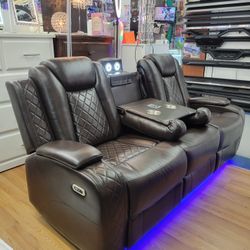 Sofa And Loveseat Power Recliners Brown Leatherette, Solid Wood Frame, Others. Sofa W Drop Down Table W Wirelless Charging And Cupholder. New Especial