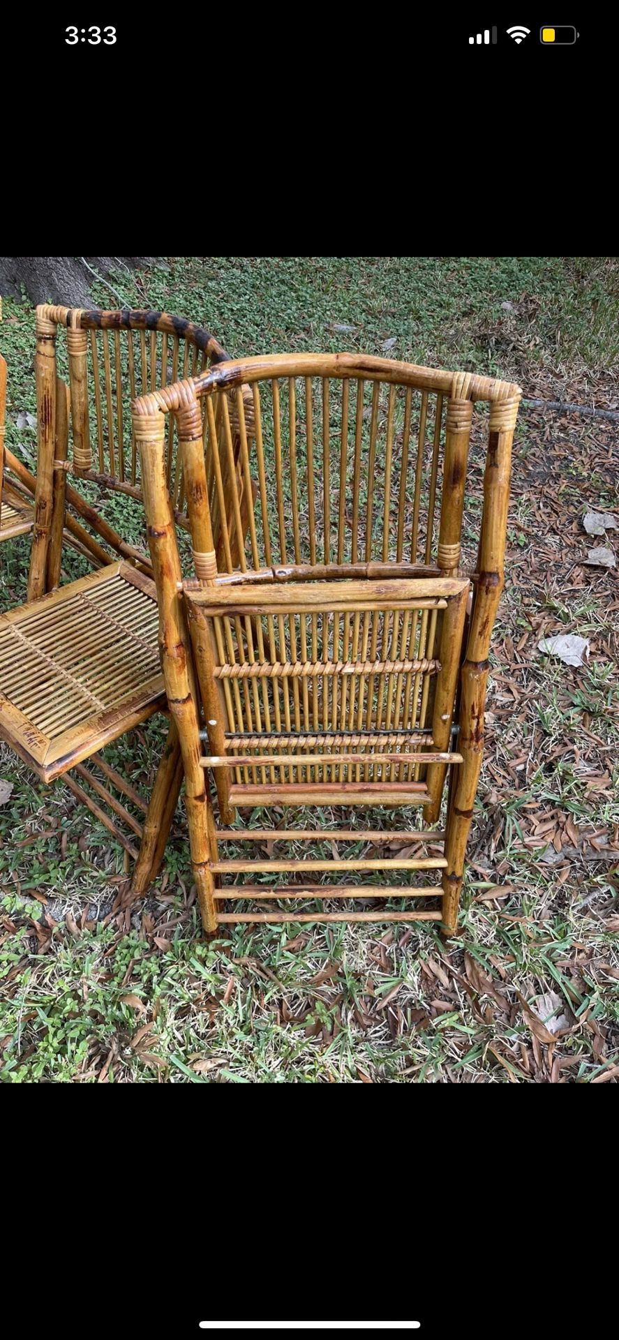 4 English Mid Century Scorched Bamboo & Rattan Folding Side Chairs Slatted Backs