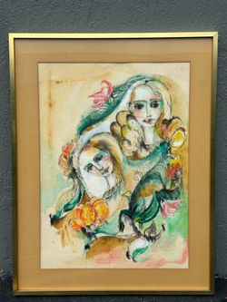 Original Watercolor Mixed Media Portrait Women Floral Art Signed B Lewis Framed