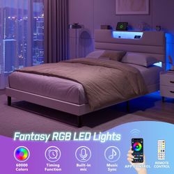 Queen Size Bed Frames with Upholstered Headboard, Modern Platform Bed with Charging Station and Led Lights, Bed Frame with Sturdy Wooden Slats/No Box