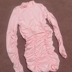New Xl Pink Ruched Stretchy Long Sleeve Dress 