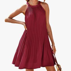 (NEW)PRETTYGARDEN Womens Summer Dresses 2024 Cute Halter Neck Sleeveless Mini Dress Solid Color Flowy Pleated Beach Dress Sundress