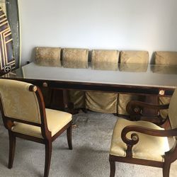 Dining Table Brown And Touch Of Gold Finish Wood With Glass Top & 8 Chairs For Sale