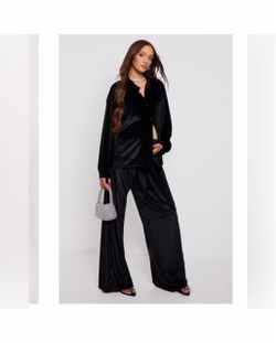 Black Velvet Wide-Leg Pants Set