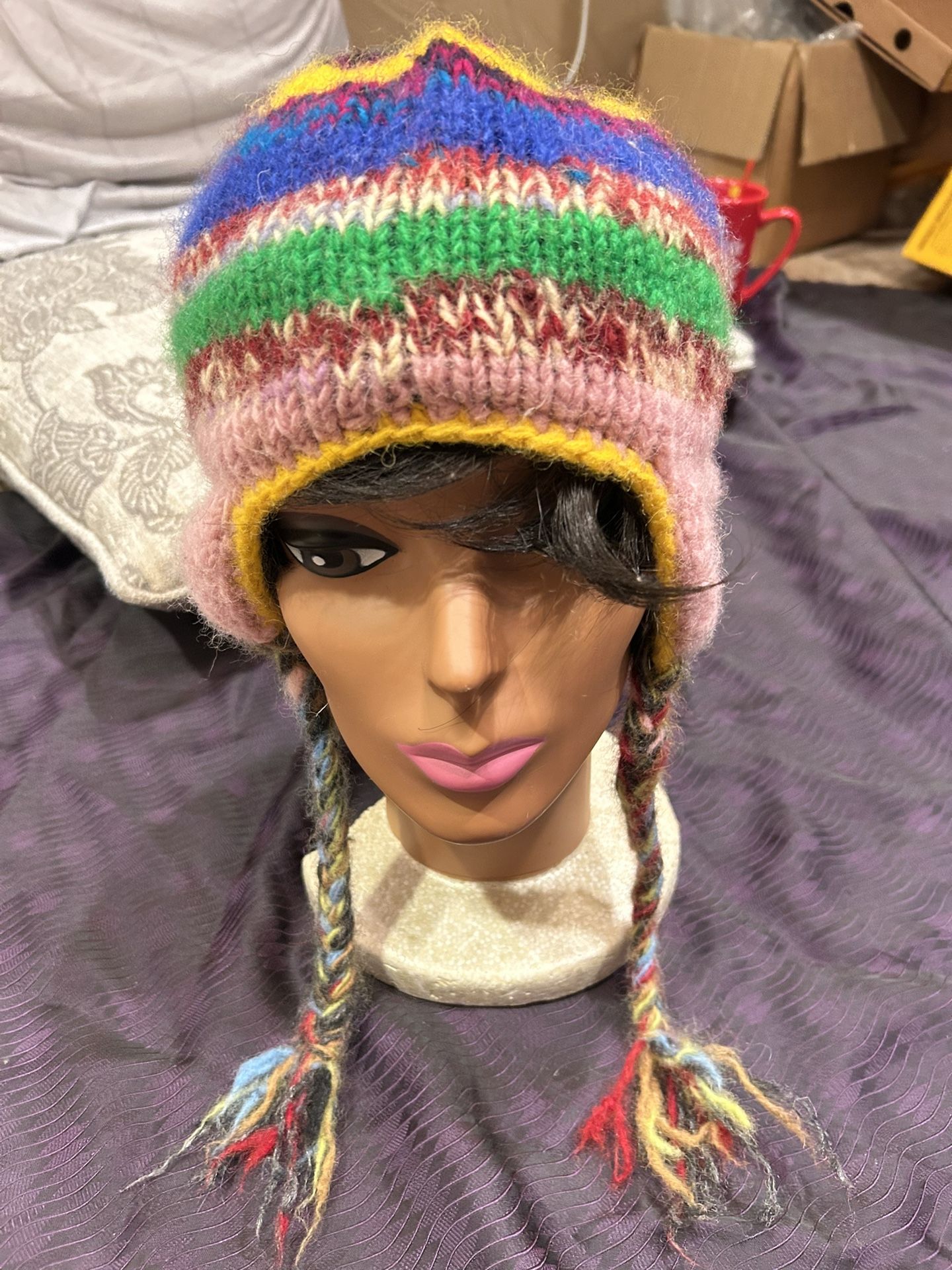 Wool Blend One Size Knit Cap Tassel Fleece Lined Ear Flap Knit Hat