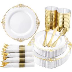 350PCS Gold Plastic Plates - Disposable Dinnerware Plates and Pre Rolled Napkins with Plastic Cutlery for 50 Guests, 100Plates, 150Silverware, 50Cups,