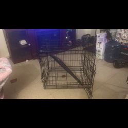 Small Dog Cage And Two Bowls