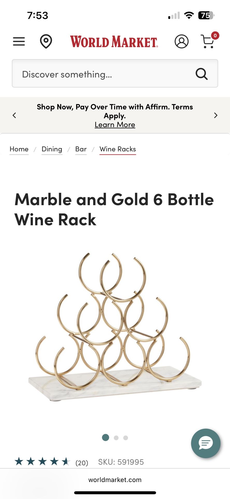 Marble and Gold 6 Bottle Wine Rack