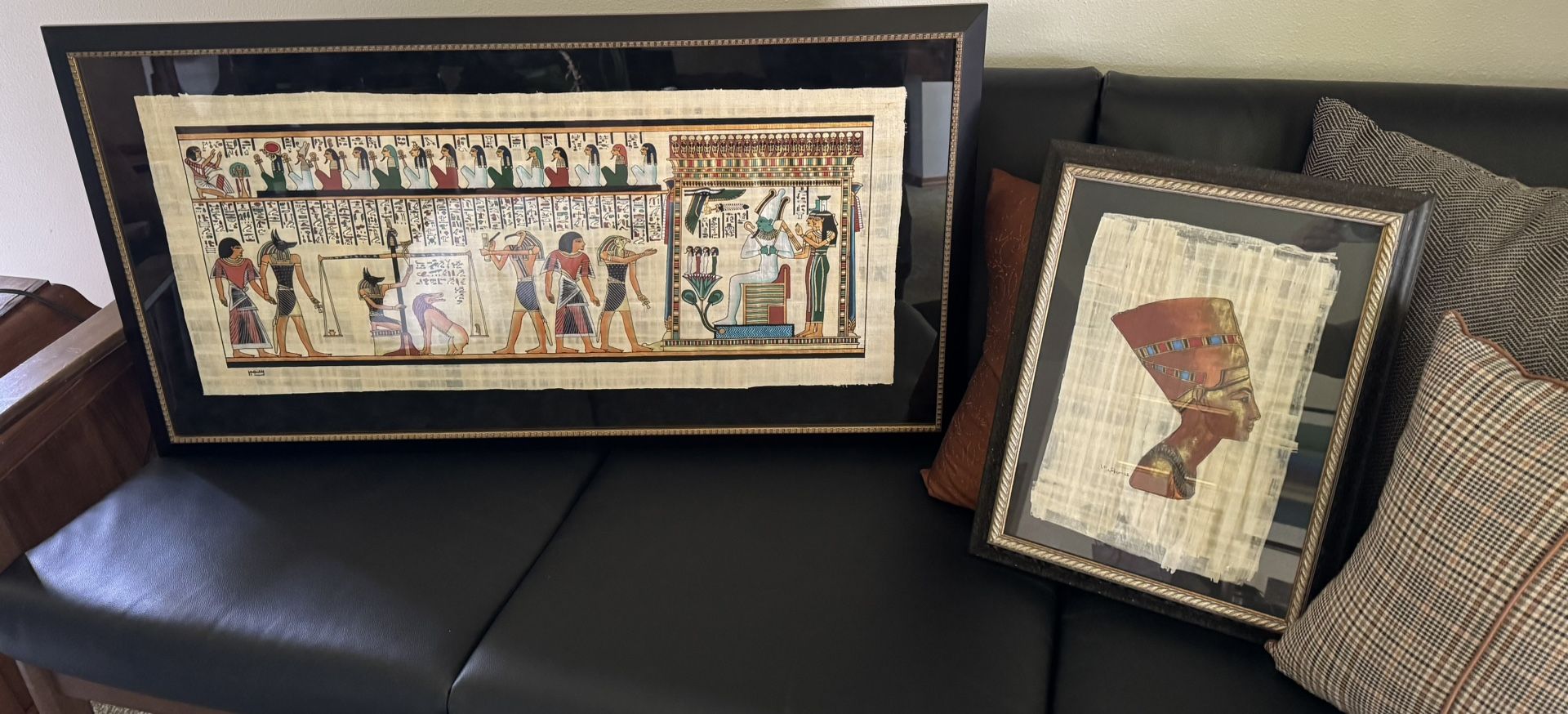 Framed Egyptian Papyrus Art - Nefertiti & Weighing of Heart Scene