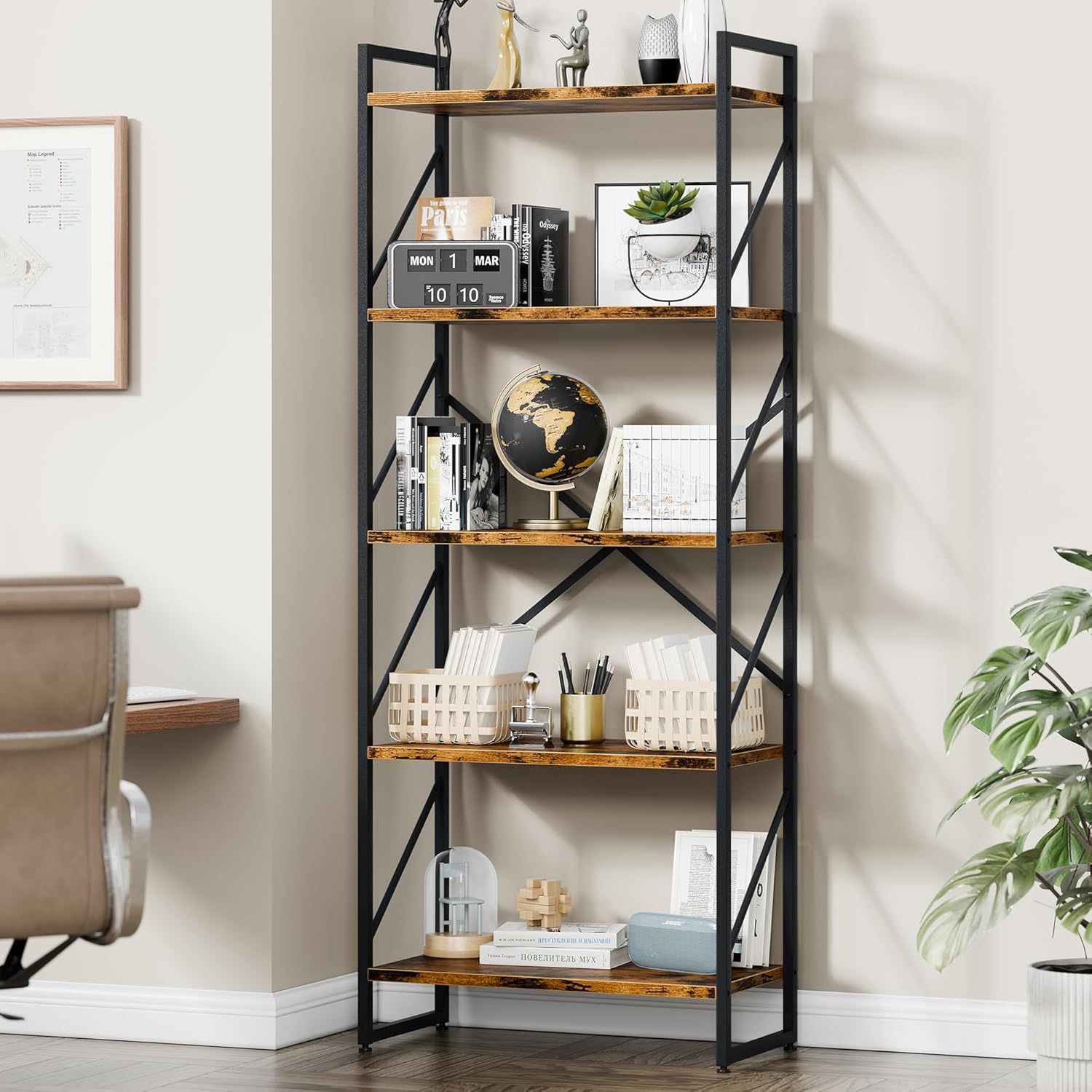 New 5 Tier Shelving Unit, Freestanding Bookcase Organizer, Farmhouse Kitchen Ladder Shelves, Rustic Wood Open Shelves, Metal Frame, Storage Rack New