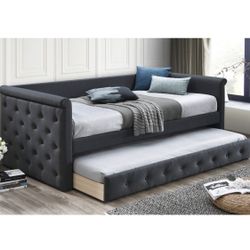Dark Grey Burlap Day Bed With Trundle Button Tufted Firm Price $299 Brand New In Box