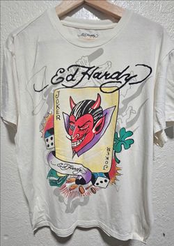 Ed Hardy Joker Red Devil Tattoo Poker Card White T-Shirt Men's Large/unisex 
Great condition 
No rips or stains 
Pls see all pictures for details
