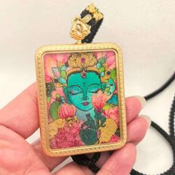 Lotus Green Tara Peace Handmade Inlaid Hand-Painted Thangka Pendant Necklace
