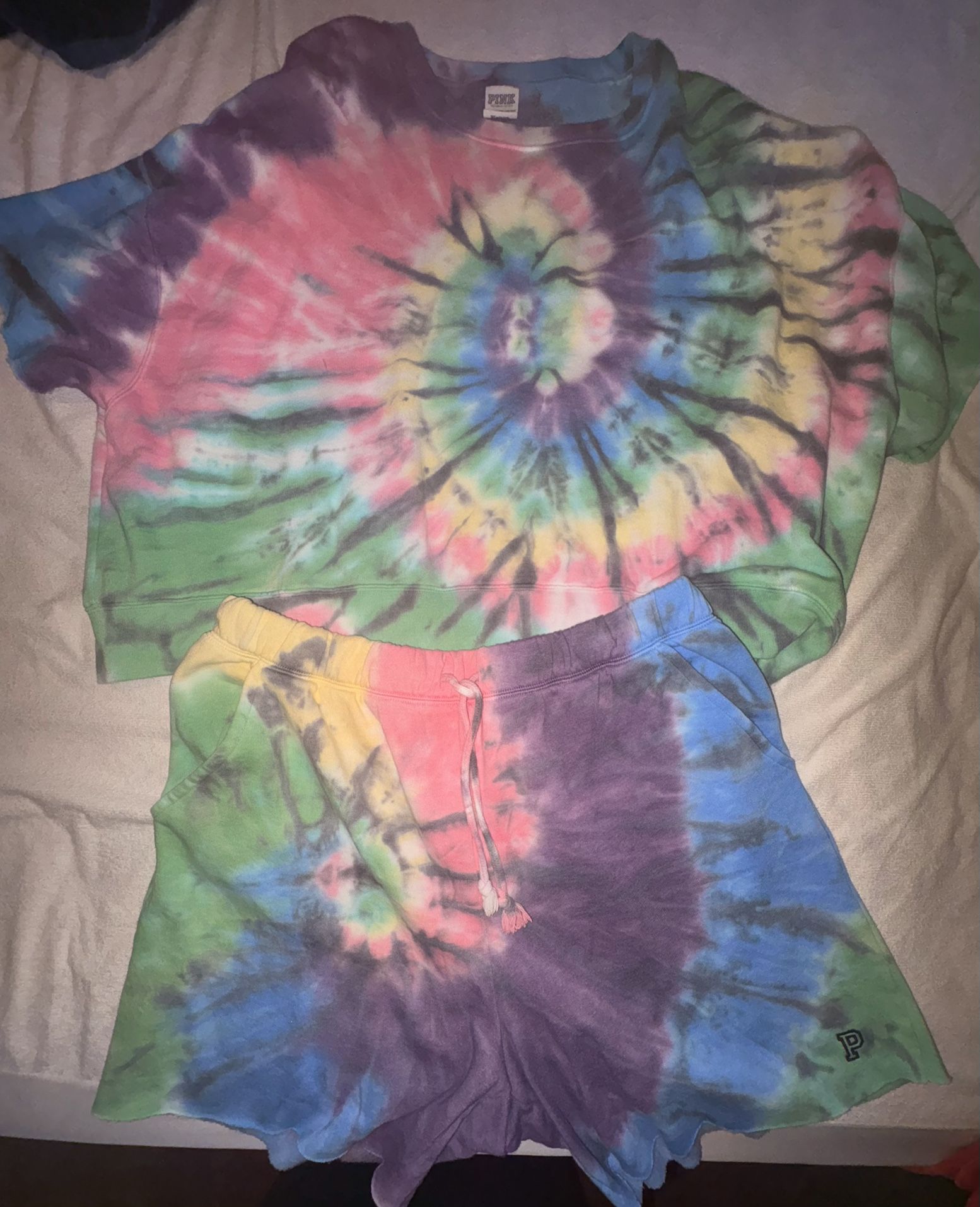 Victoria Secret PINK Tie-Dye Fleece Crew Neck/Dad Shorts
