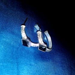 Silver Toned Half Hoops With Black Stone