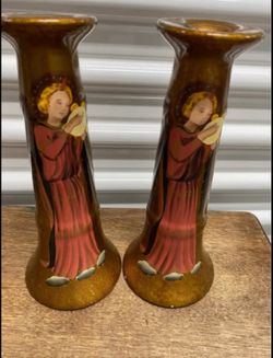 Two Vintage ceramic Painted Angel theme candle holders 