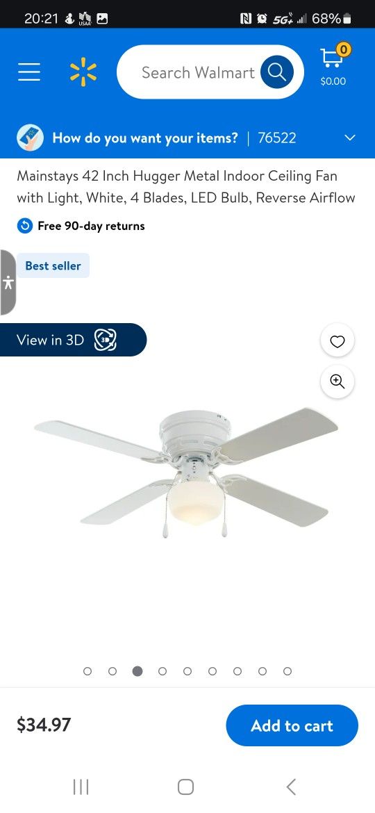 Mainstays 42-Inch Hugger Metal Ceiling Fan with Light – White, 4 Blades, LED Bulb, Reverse Airflow