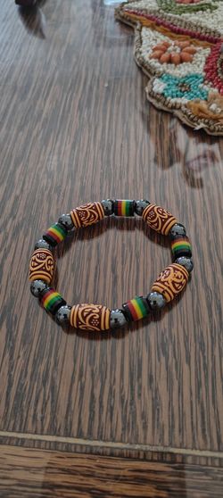 Rasta Style Beaded Bracelet with Carved and Hematite Beads