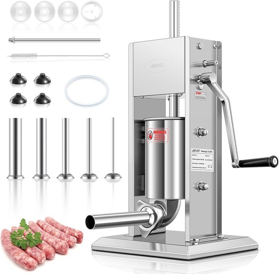 7LBS/3L Manual Sausage Stuffer, Professional Stainless Steel Sausages Maker & Filler Kit with 2 Speed, 5 Stuffing Tubes, Vertical Meat Stuffers for Ho