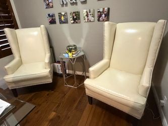 Z Gallerie Cream Leather Wingback Chairs – Set of 2