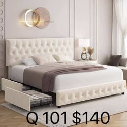 Modern Upholstered Bed Frame with 4 Storage Drawers, Button Tufted Headboard Design, (101)