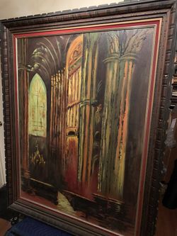Mid Century Medieval Gothic Church oil painting